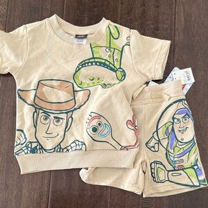 NWT Toddler Boys Disney Pixar Toy Story Two Piece Beige Shirt and short set!